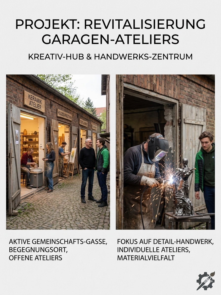 Links: Gemeinschaftsgasse mit Keramik-Atelier und Holzbearbeitung — Menschen begegnen sich vor offenen Werkstatttüren. Rechts: Metallbildhauer schweißt eine Skulptur, Funken fliegen, ein junger Zeuge schaut zu.